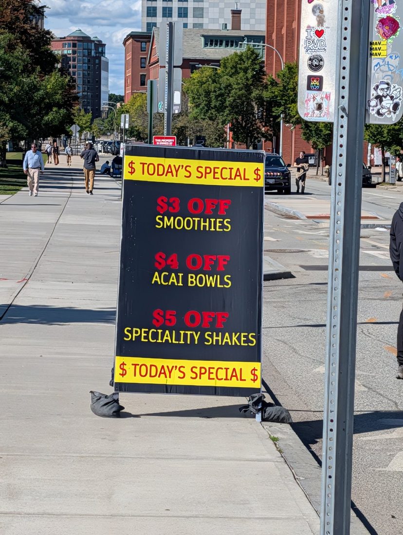 Today's Special A-frame sign: $3 off smoothies, $4 off acai bowls, $5 off specialty shakes